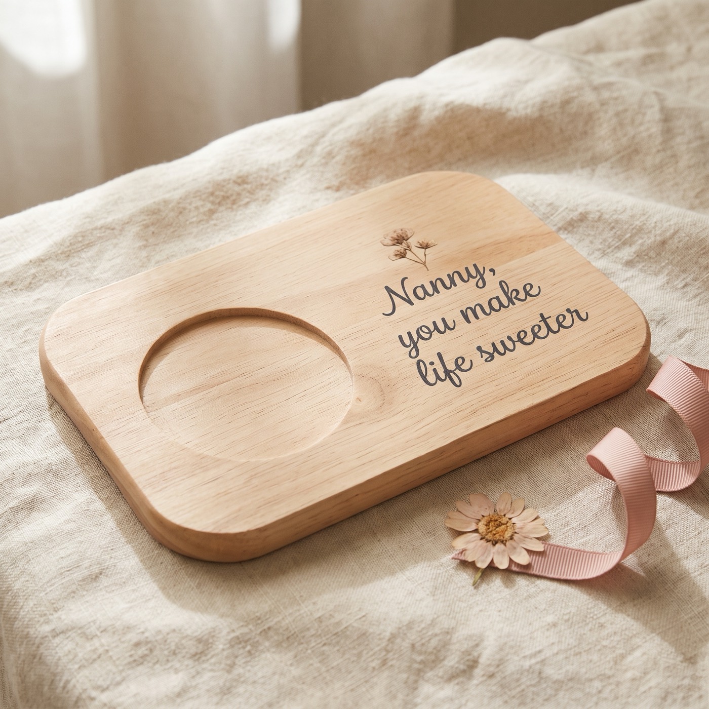 A beech serving board printed with the words Nanny, you make life sweeter and a pressed-flower motif