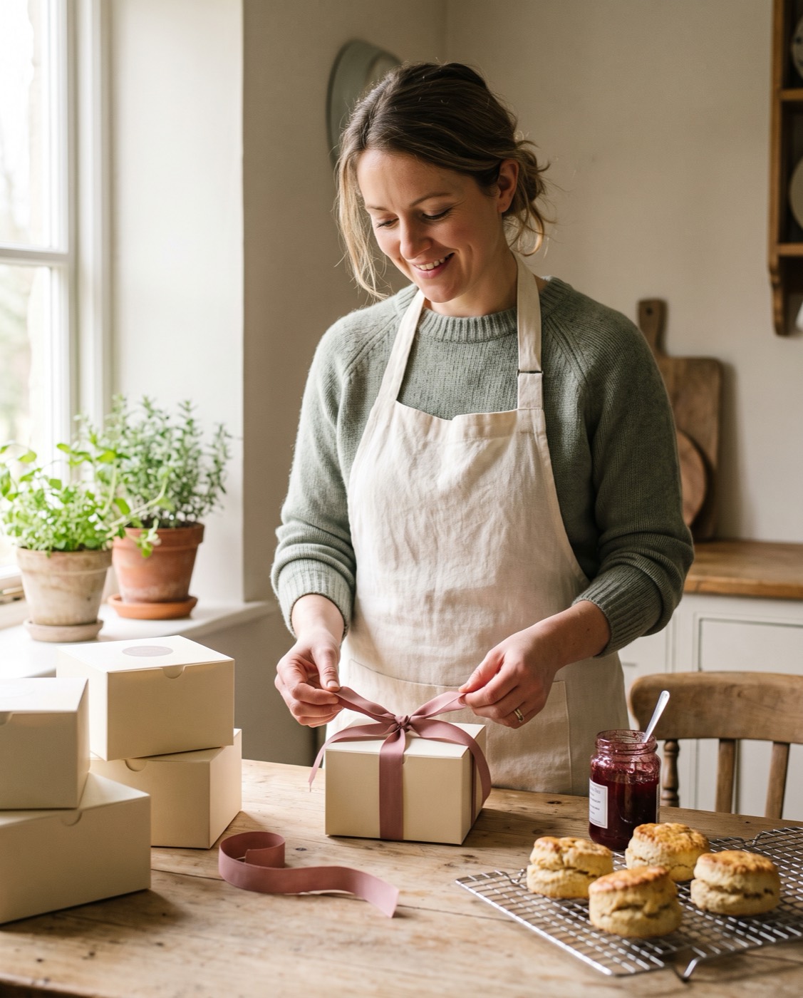 Kelly in a linen apron tying a blush ribbon around a gift box in a cottage kitchen, scones cooling beside her