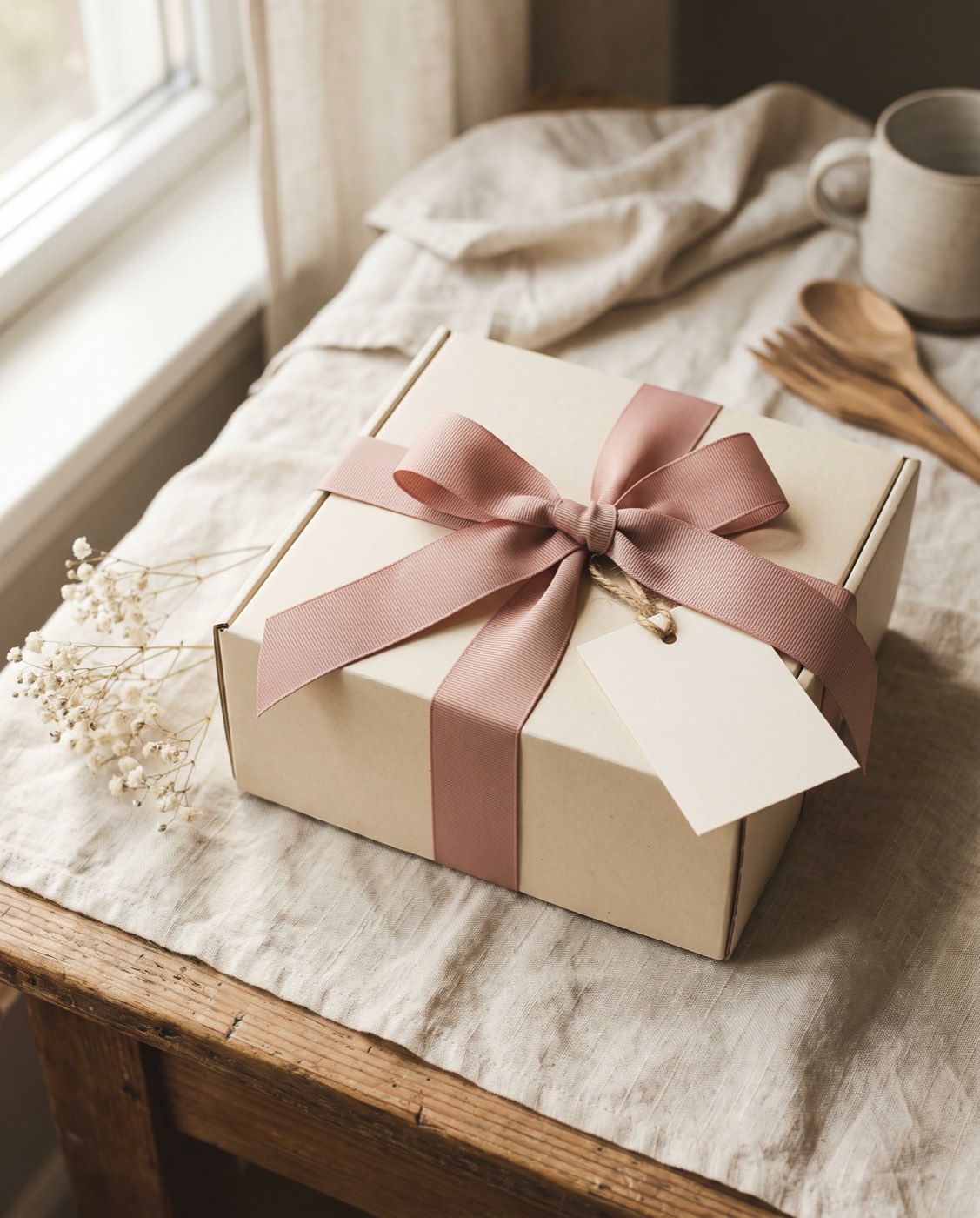 A cream gift box tied with a blush ribbon and a blank gift tag, on linen by a window
