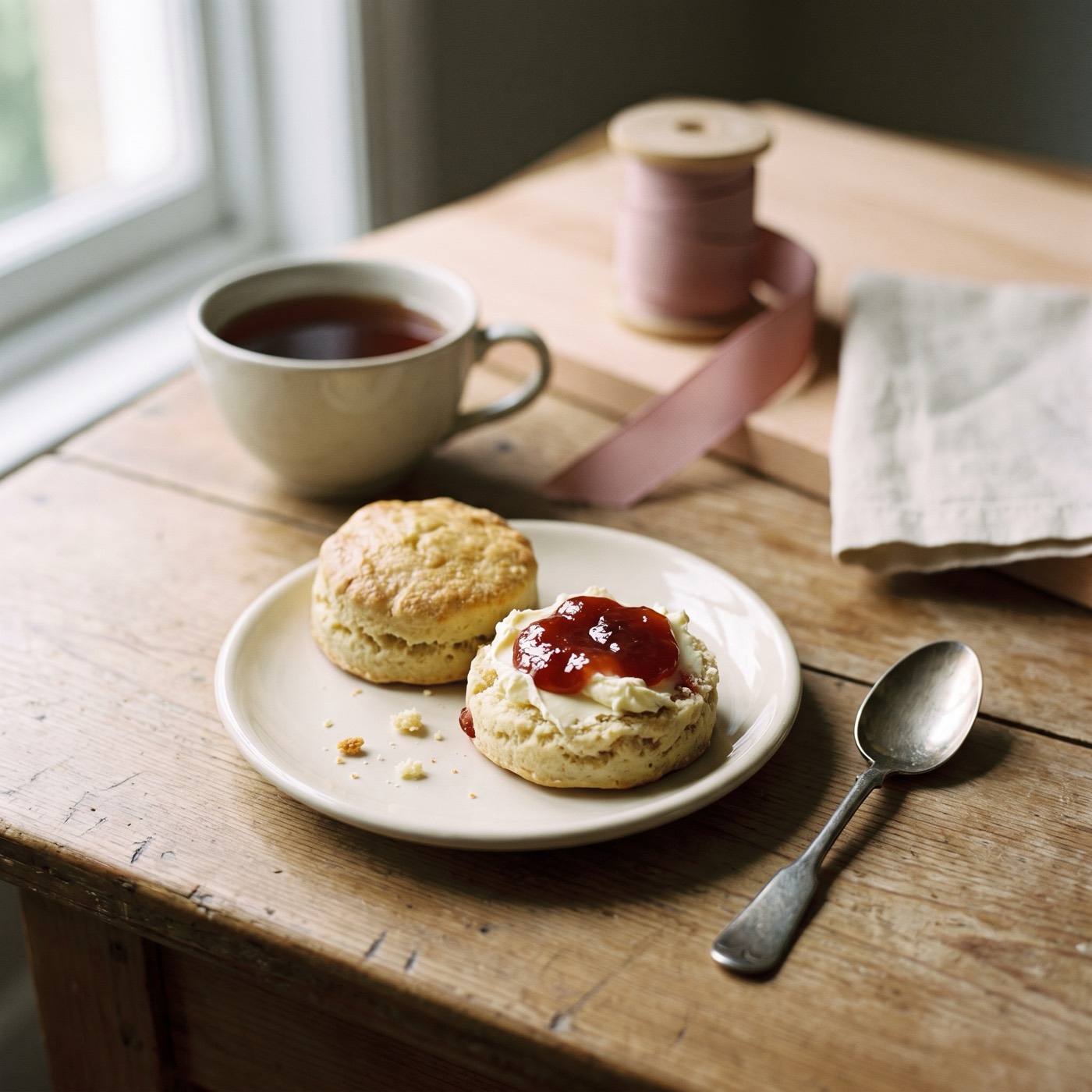 A split scone with clotted cream and strawberry jam beside a cup of tea